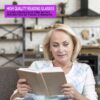 atrractive middle aged woman wearing mini readers comfortably