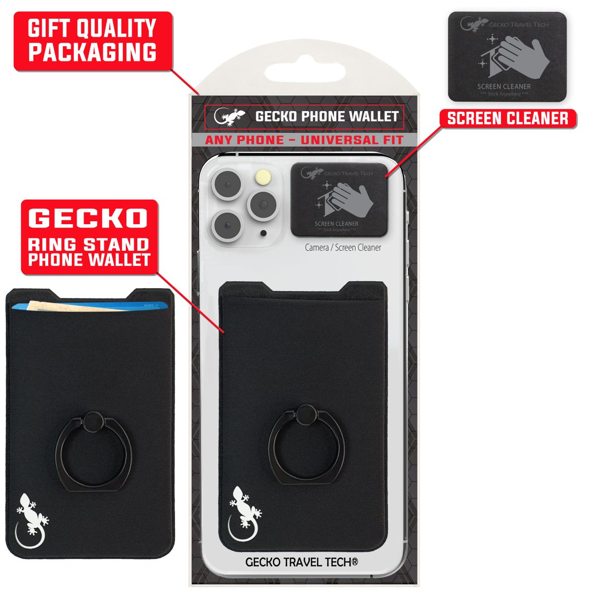 ring stand finger ring holder phone wallet stick on lycra pocket for back of phone - Black White