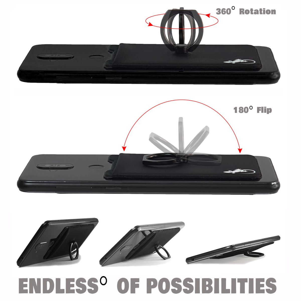 ring stand finger ring holder phone wallet stick on lycra pocket for back of phone - Black White