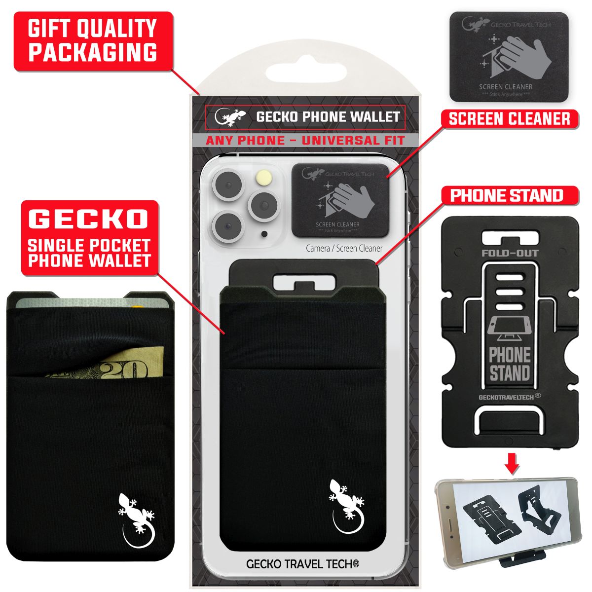 card wallet pocket for back of phone lycra phone wallet pouch double pocket gecko travel tech stick on pouch stretch to carry cards and cash full set has gift quality packaging