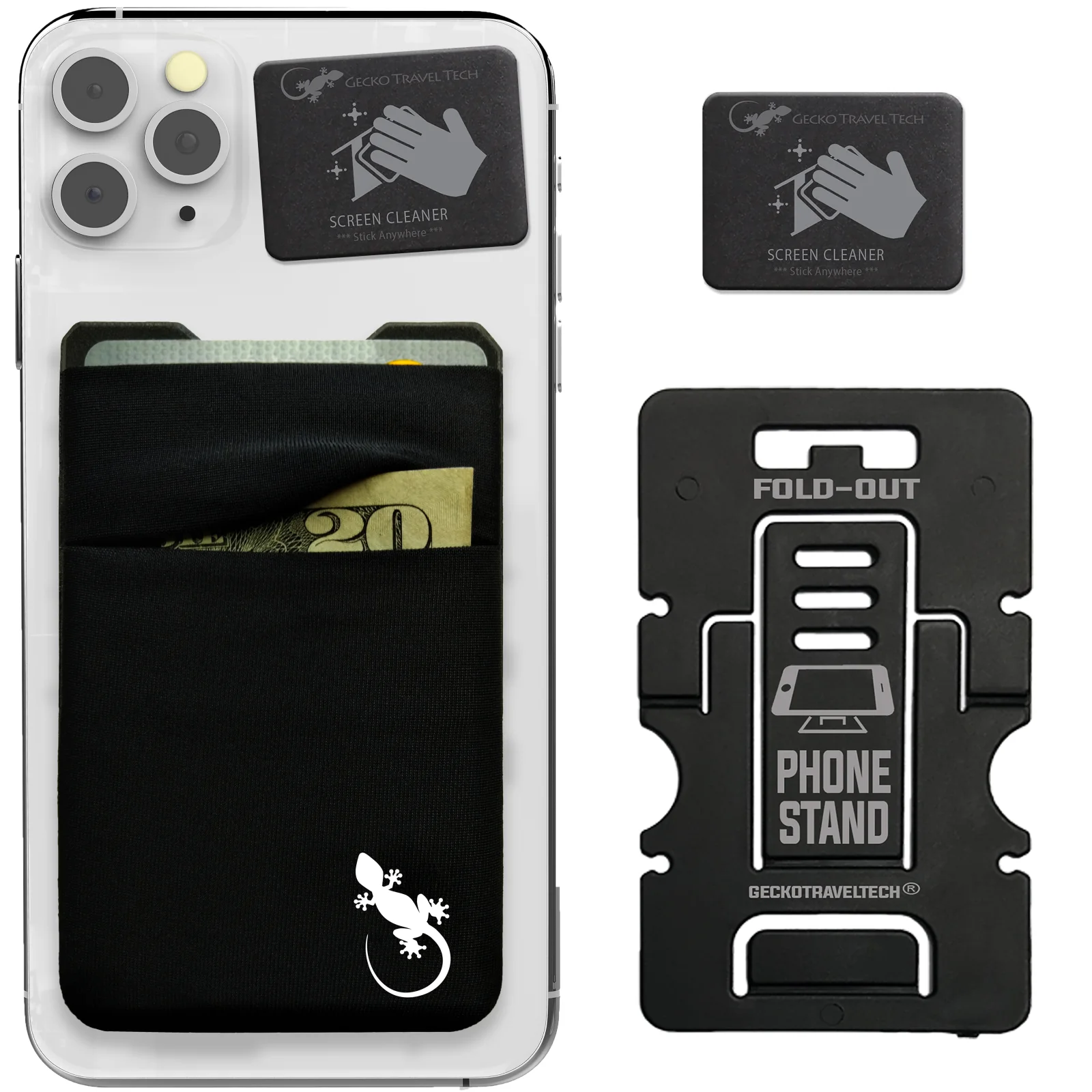 card holder-phone wallet-G6-BLACK-WHITE Gecko phone wallet Minimalist black double pocket spandex adhesive stick-on credit card holder for back of phone – white logo design