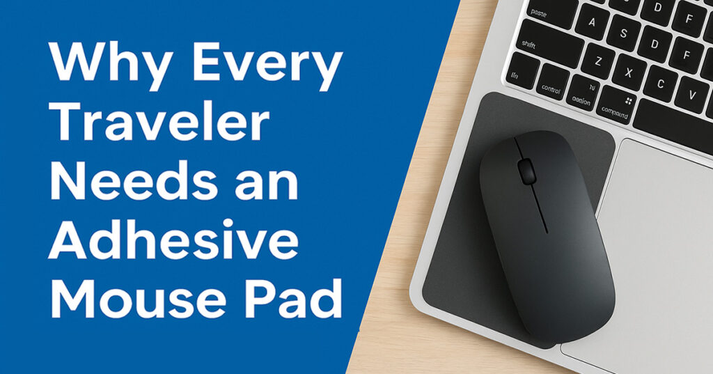 Adhesive travel mouse pad on laptop palm rest with wireless mouse, promoting portable mouse pad for digital nomads, remote workers, and minimalist travel setups. Text overlay reads: Why Every Traveler Needs an Adhesive Mouse Pad.
