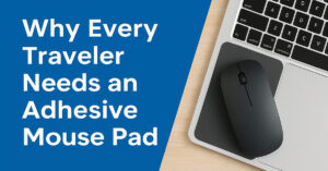 Adhesive travel mouse pad on laptop palm rest with wireless mouse, promoting portable mouse pad for digital nomads, remote workers, and minimalist travel setups. Text overlay reads: Why Every Traveler Needs an Adhesive Mouse Pad.