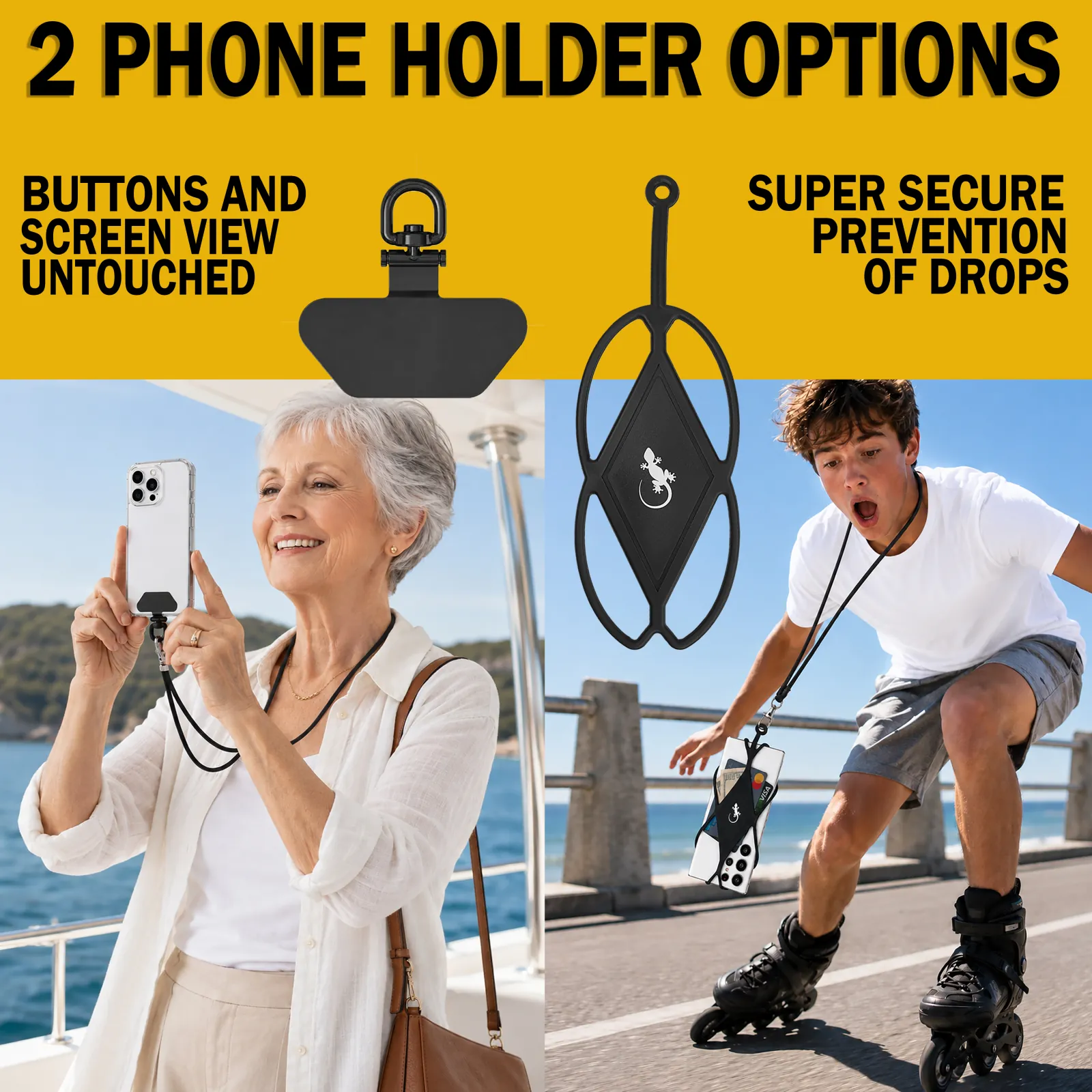 Black phone lanyard shown with two cell phone holder options for secure crossbody or around-neck use
