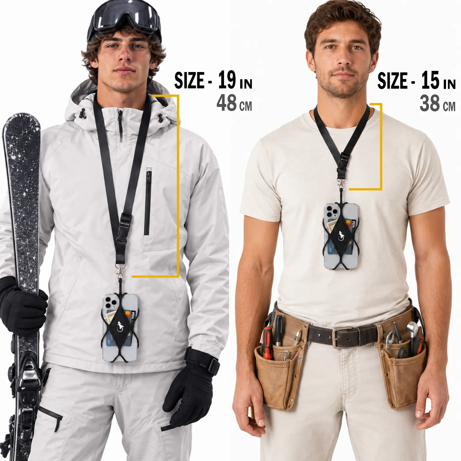 Black crossbody lanyard shown on two men at short and long adjustable lengths for carrying a cell phone around the neck