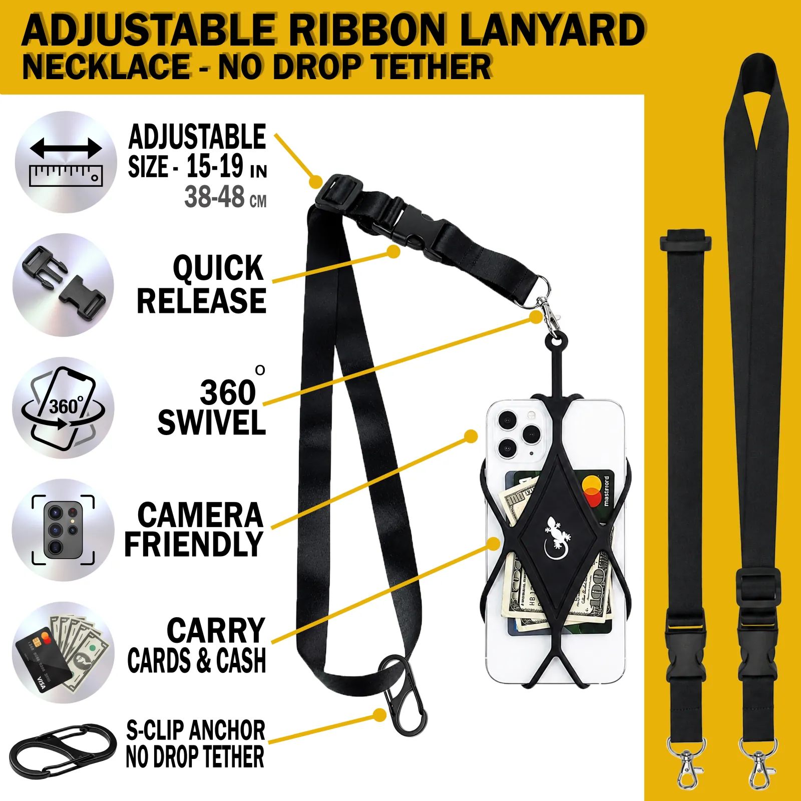 Adjustable black ribbon phone lanyard with quick release, 360-degree swivel and silicone cell phone holder