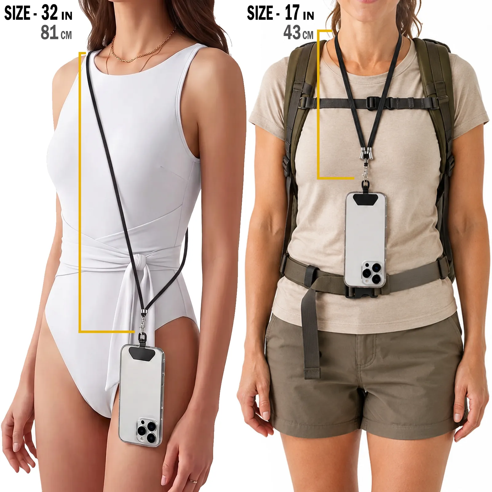 Black crossbody phone strap shown on two women at different adjustable lengths for neck or crossbody cell phone carry