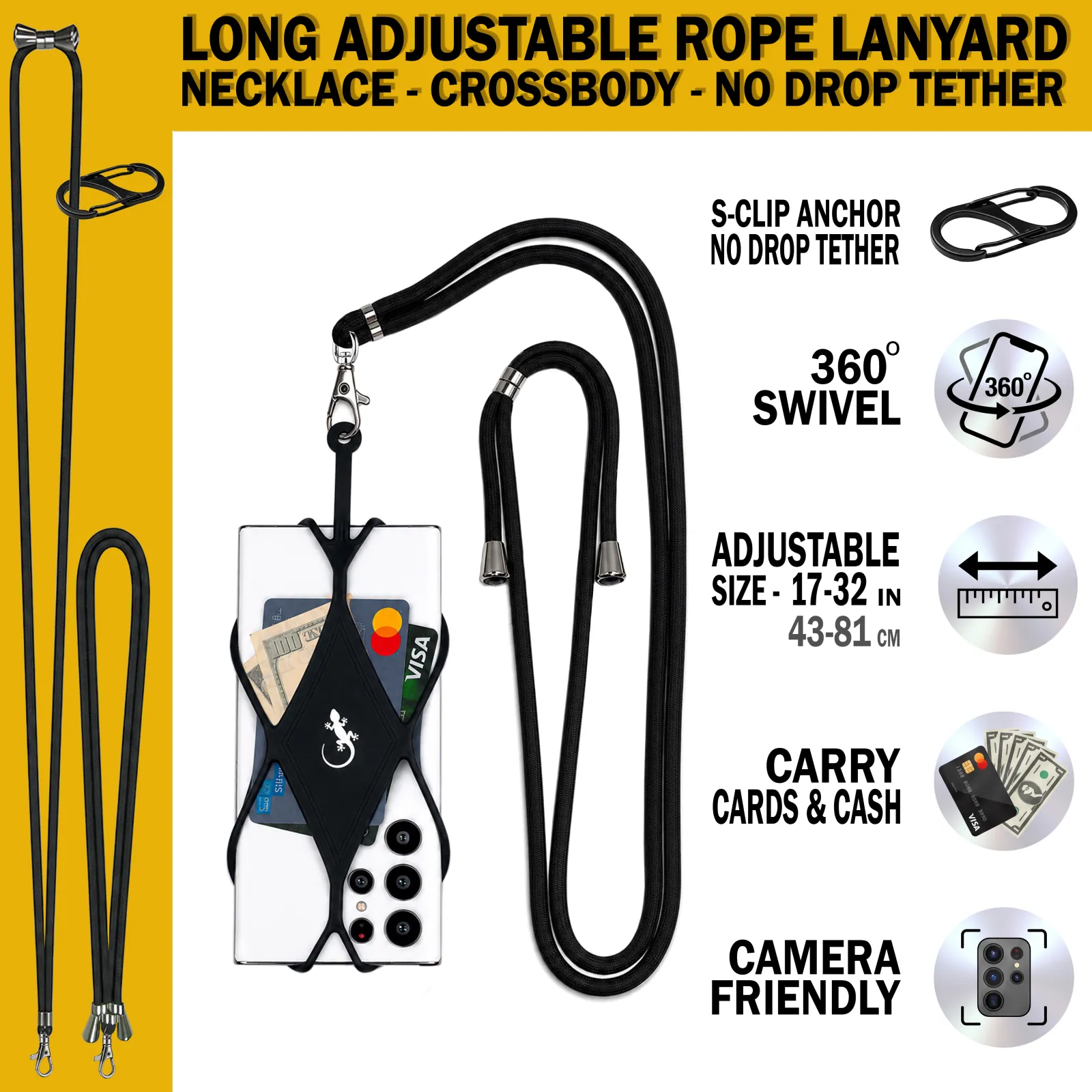 Long adjustable black rope phone lanyard with silicone phone holder, S-clip anchor, 360-degree swivel and clasp