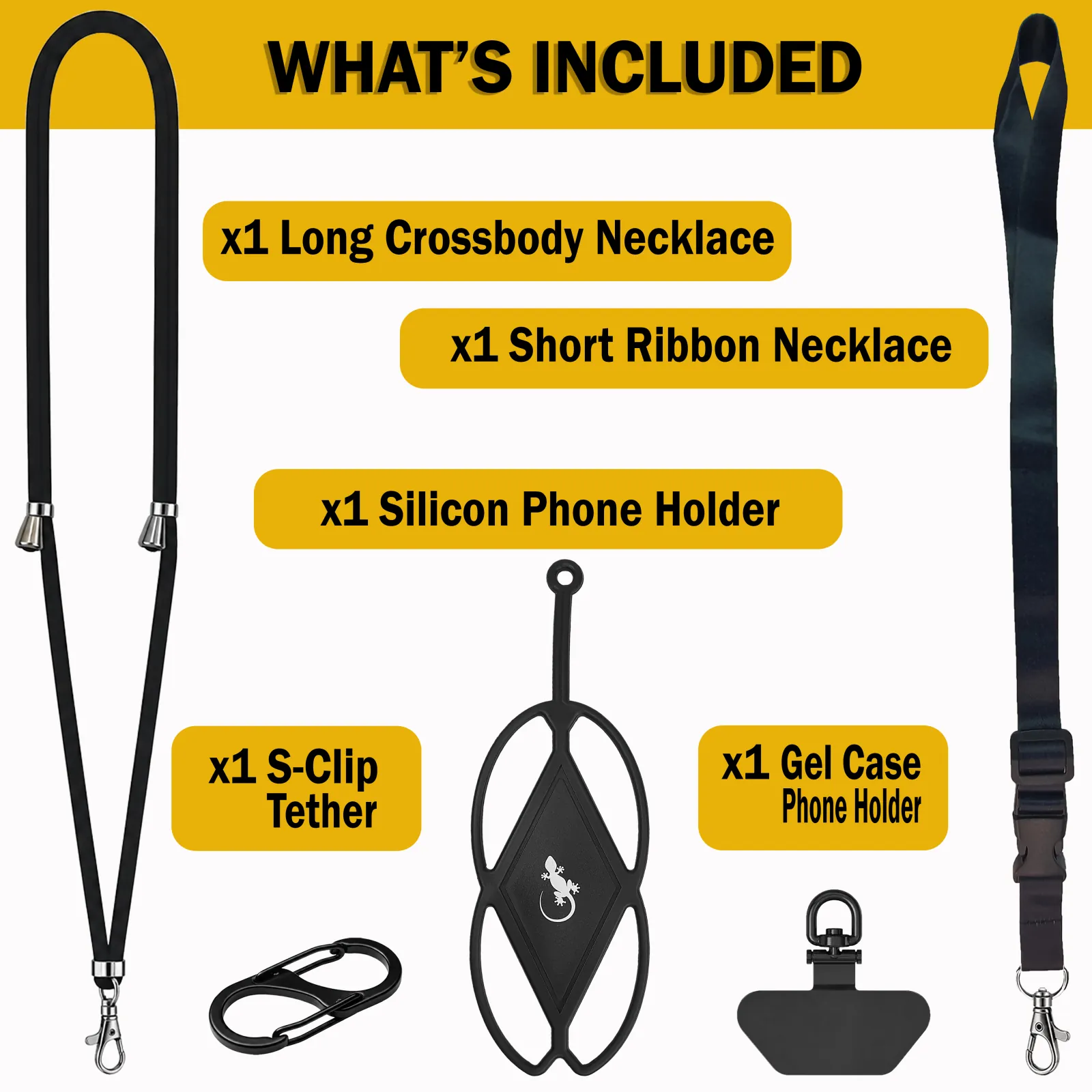 Black cell phone lanyard set with long crossbody necklace, short ribbon necklace, silicone phone holder, phone tab and S-clip