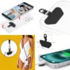 Cell phone holder tab installation options shown inside a phone case for attaching a neck lanyard or crossbody phone strap