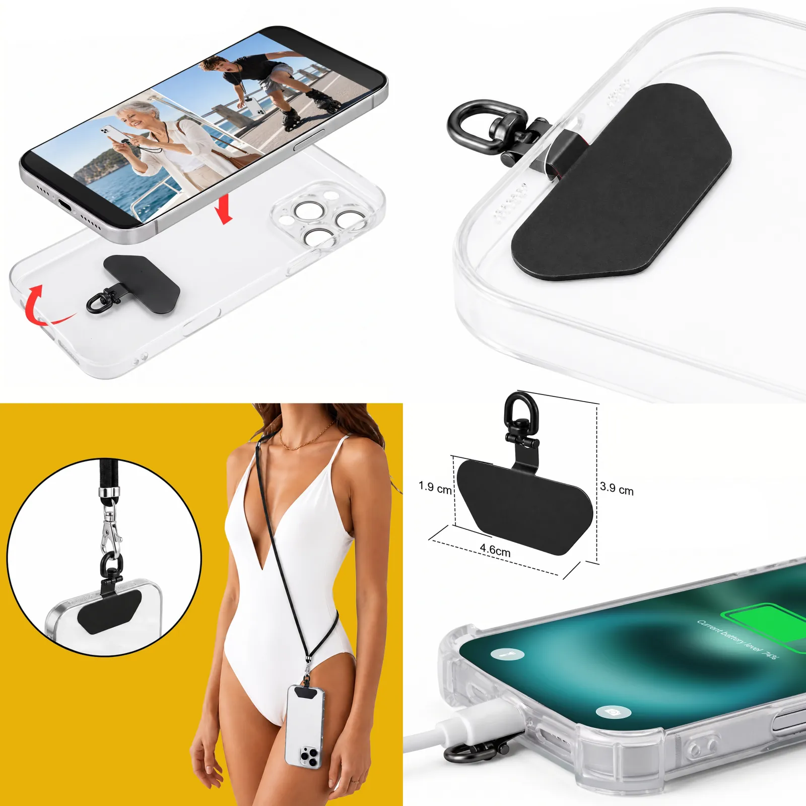 Cell phone holder tab installation options shown inside a phone case for attaching a neck lanyard or crossbody phone strap