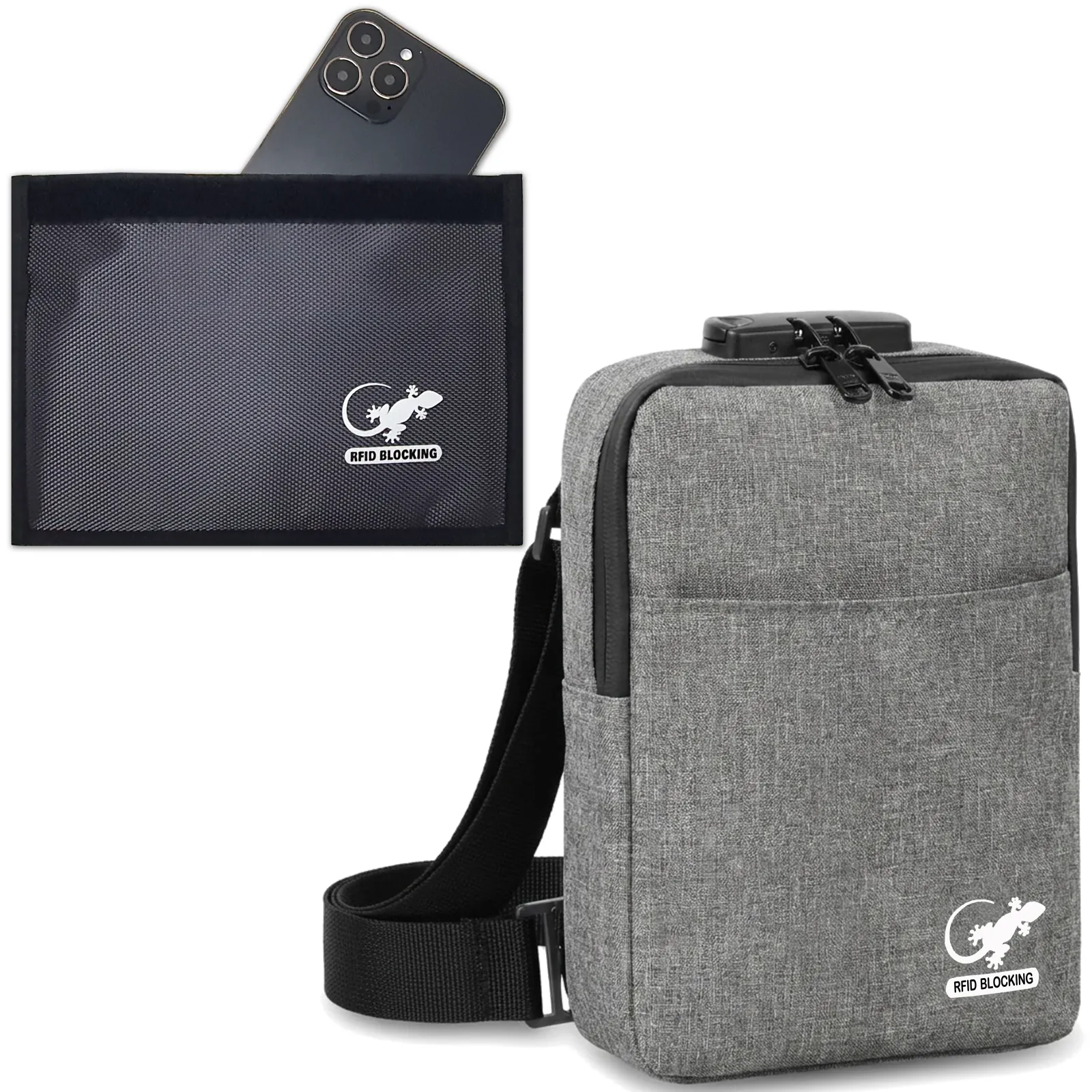 Gray RFID blocking crossbody travel bag with adjustable strap and separate Faraday phone pouch shown holding a smartphone
