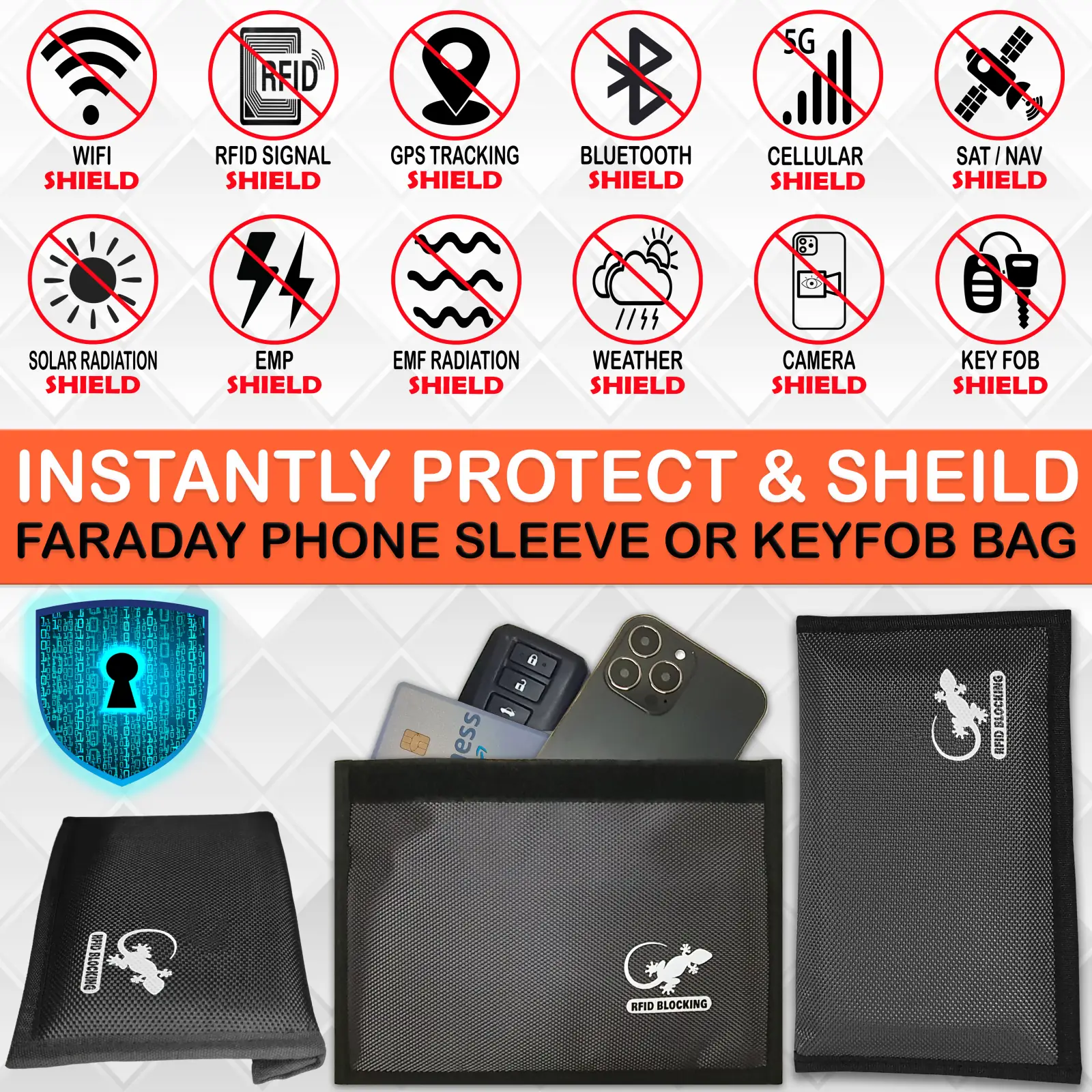 Faraday phone bag and key fob pouch designed to block cellular, GPS, Wi-Fi, Bluetooth, RFID, NFC and key fob signals