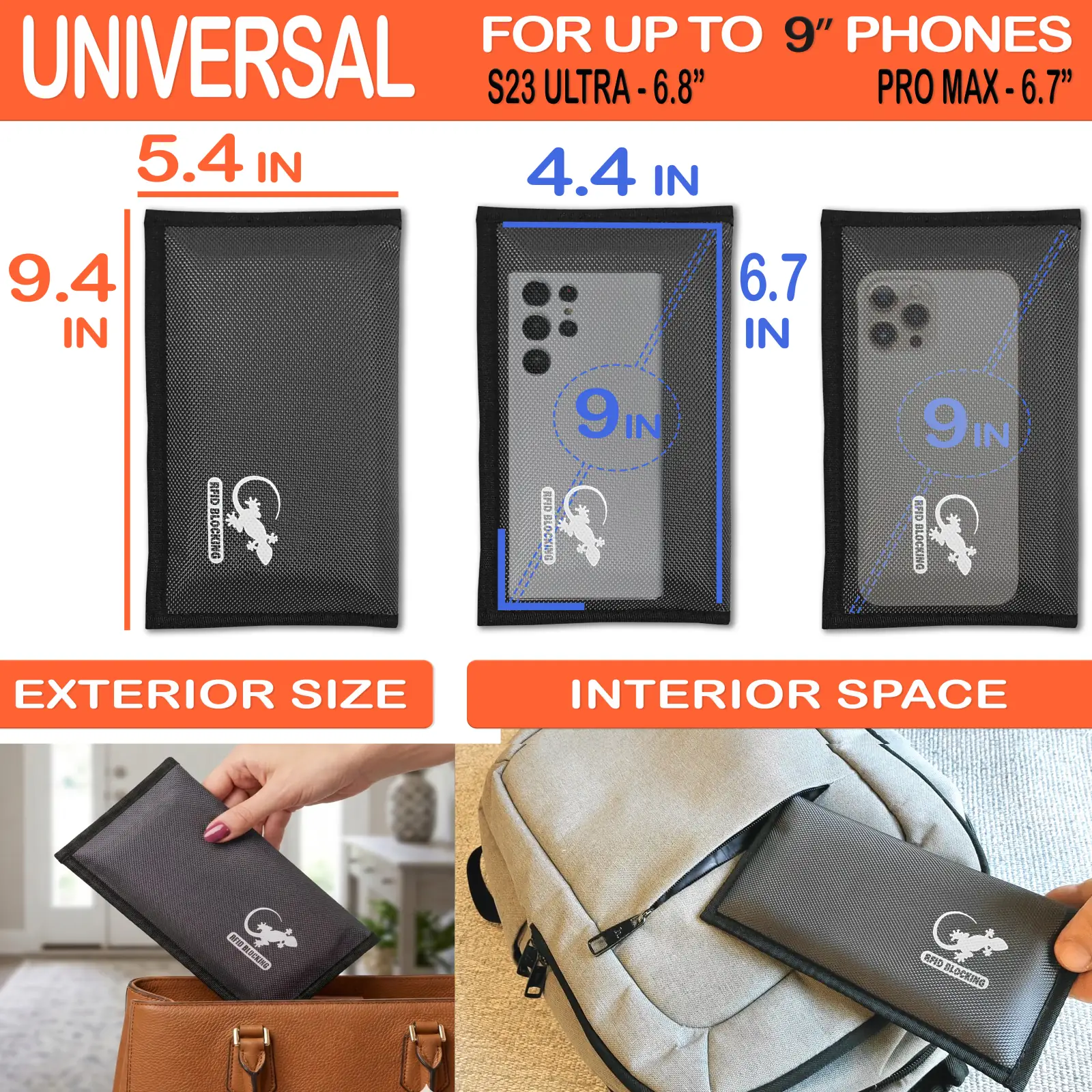 Faraday bag for phones with 5.4 x 9.4 inch exterior and 4.4 x 9 inch interior space, fitting phones up to 9 inches