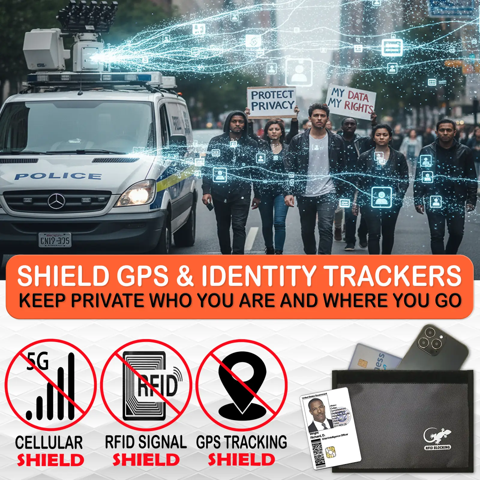 Faraday bag for smartphone shown blocking cellular, RFID and GPS signals to help protect location and identity privacy