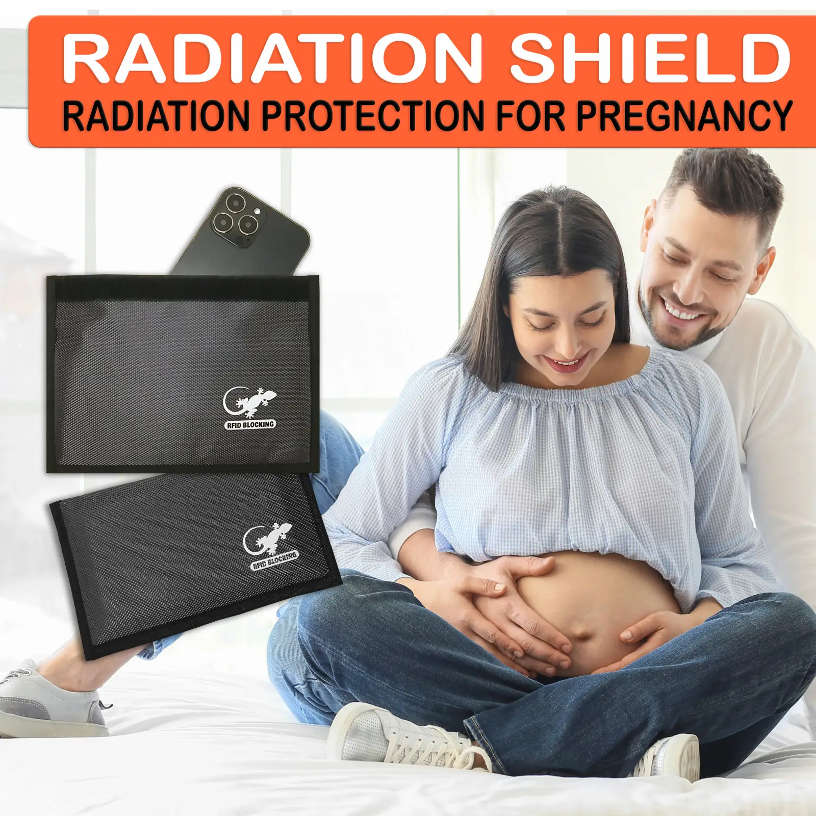 Faraday phone bags shown isolating smartphones from wireless signals to reduce RF signal exposure around a pregnant woman