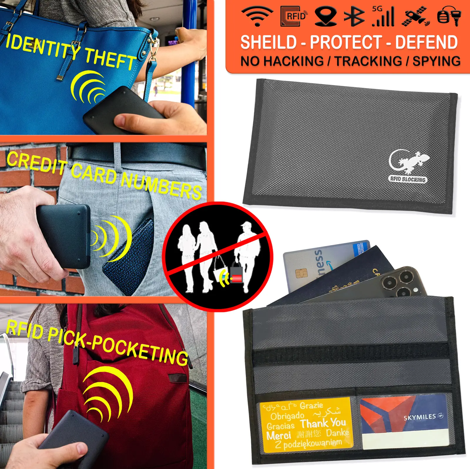 Gray RFID blocking phone pouch shown protecting a smartphone and cards from wireless scanning and digital pickpocketing while traveling