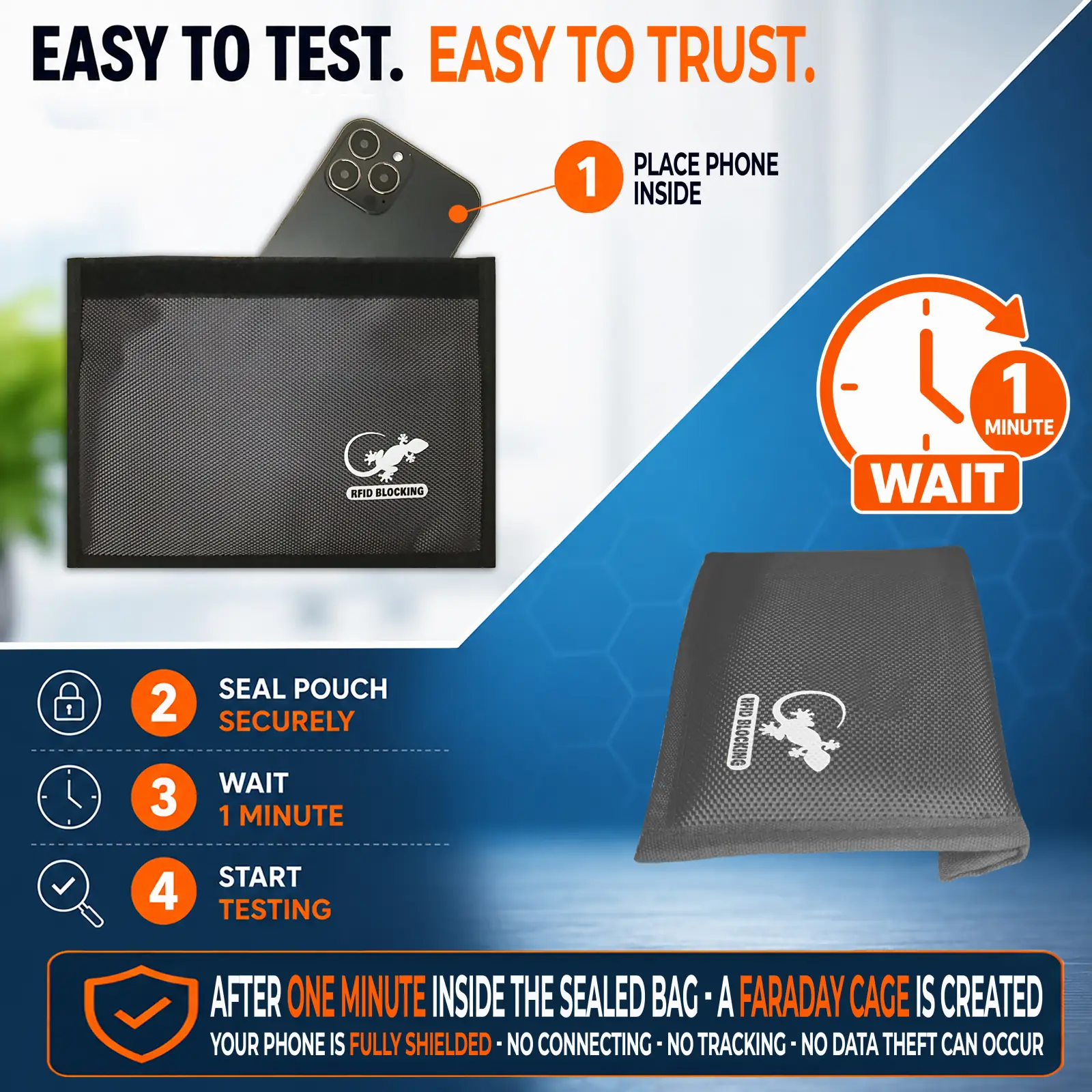 Signal blocking Faraday pouch with instructions to seal a phone inside, wait one minute and test that wireless signals are blocked