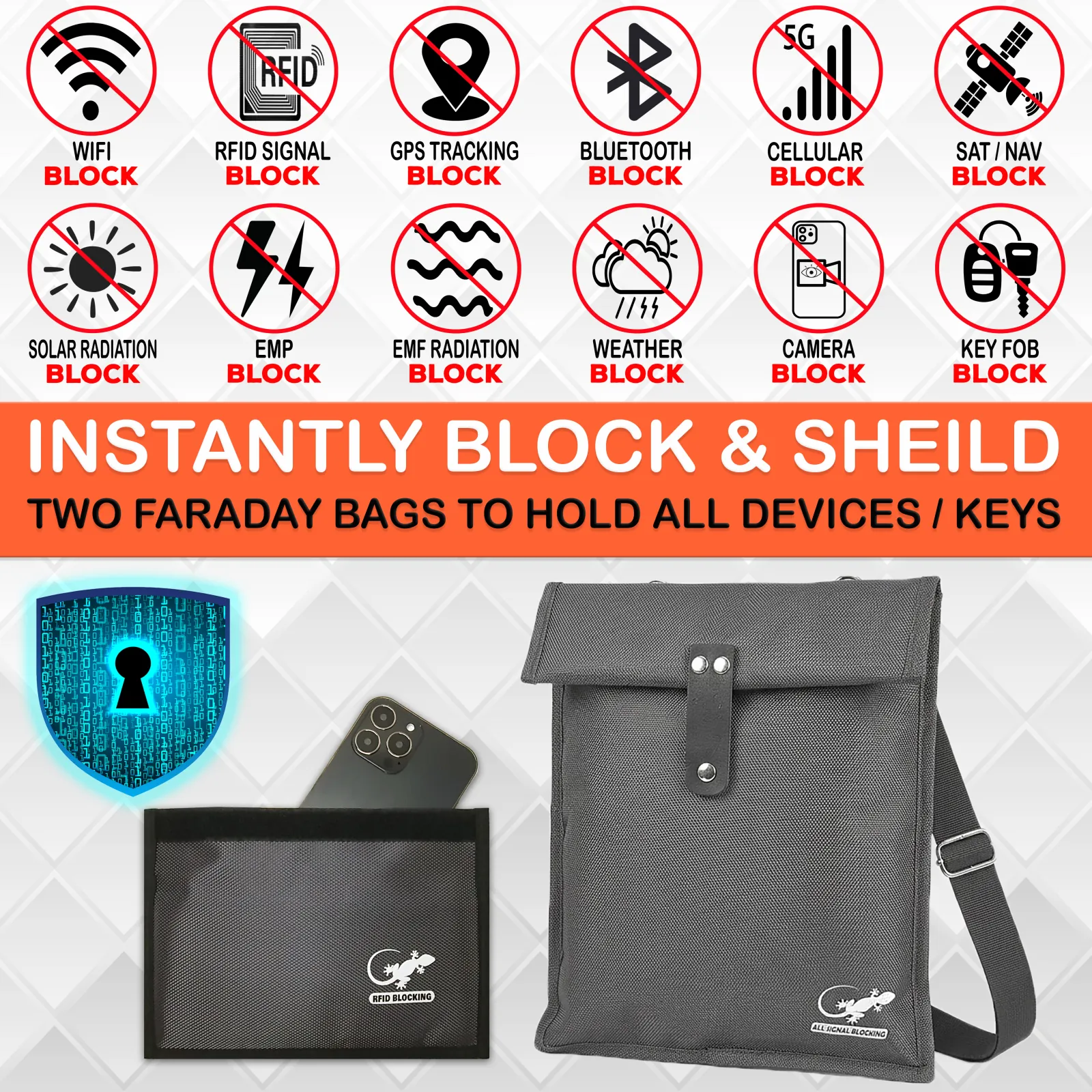 Gray Faraday bags designed to block RFID, NFC, GPS, Bluetooth, cellular, Wi-Fi and other wireless signals
