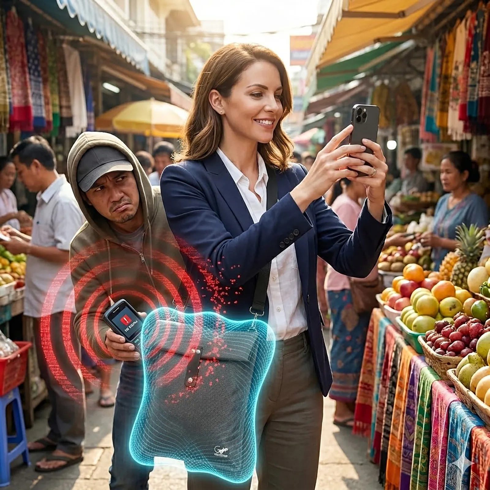 Woman traveling with a gray Faraday crossbody bag for phone and passport protection against wireless signal access