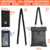 Gray Faraday bag for phone measures 5.4 x 9.4 in and crossbody Faraday bag measures 10 x 12 in, with adjustable straps