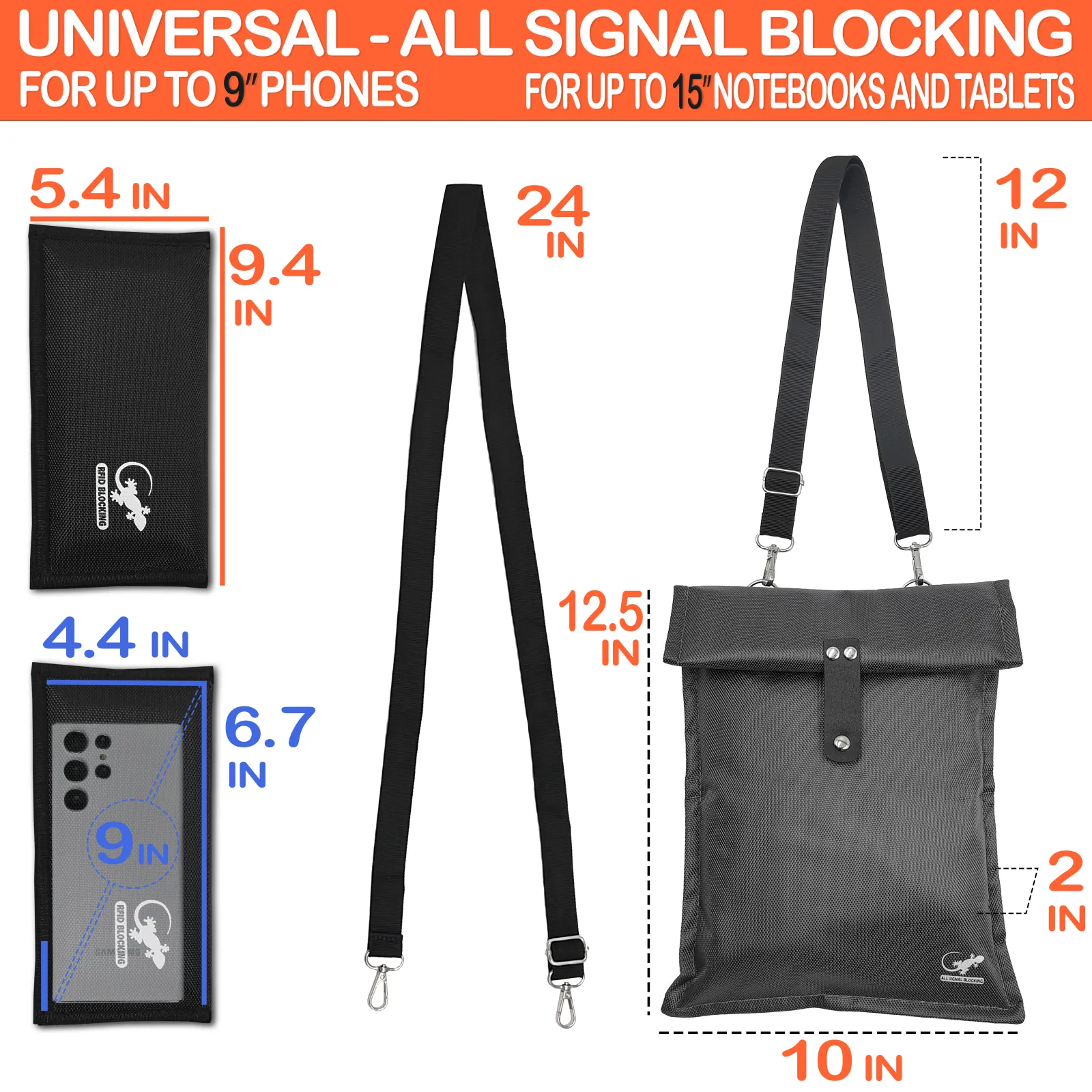 Gray Faraday bag for phone measures 5.4 x 9.4 in and crossbody Faraday bag measures 10 x 12 in, with adjustable straps