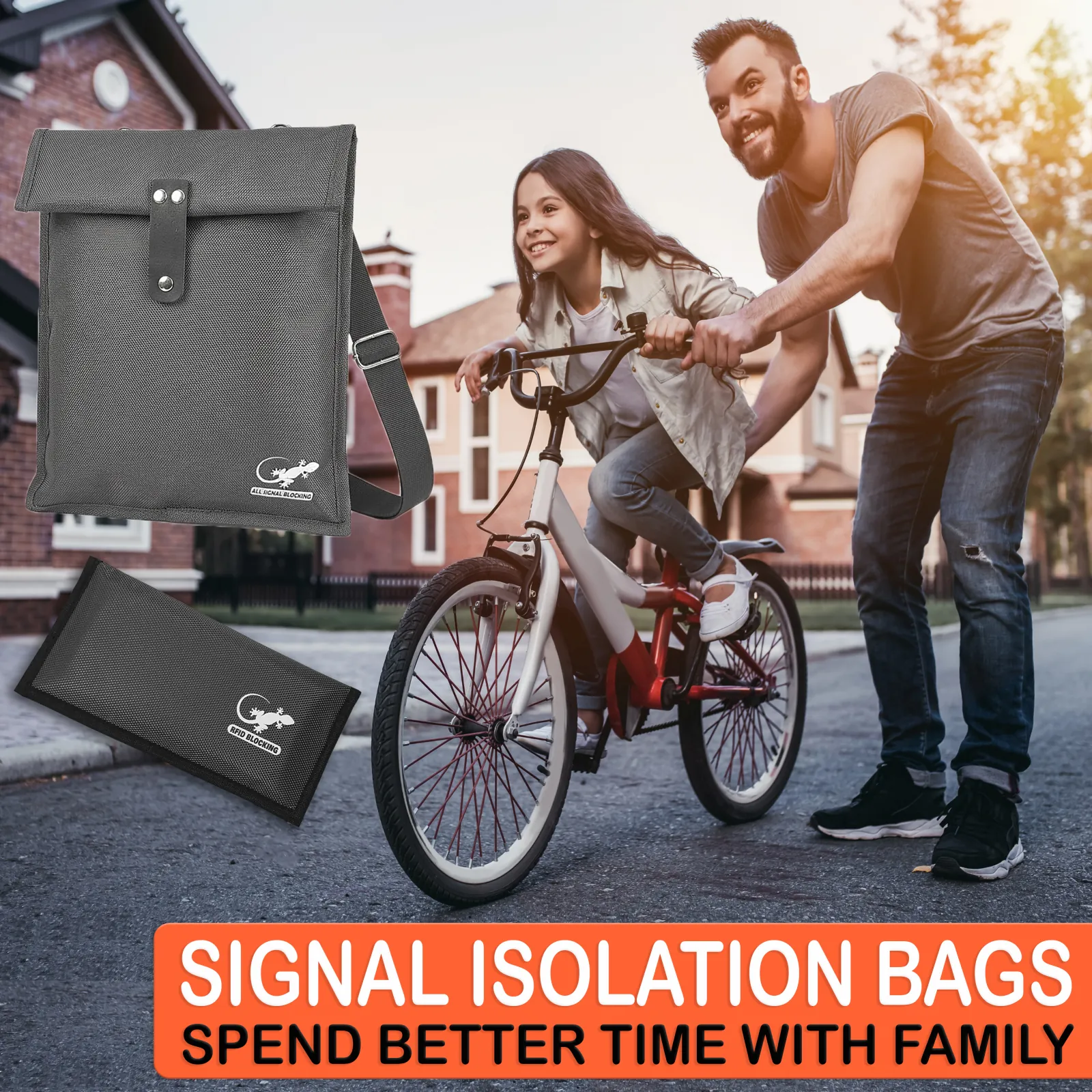 Gray signal blocking Faraday bags for isolating phones and devices while spending distraction-free time with family