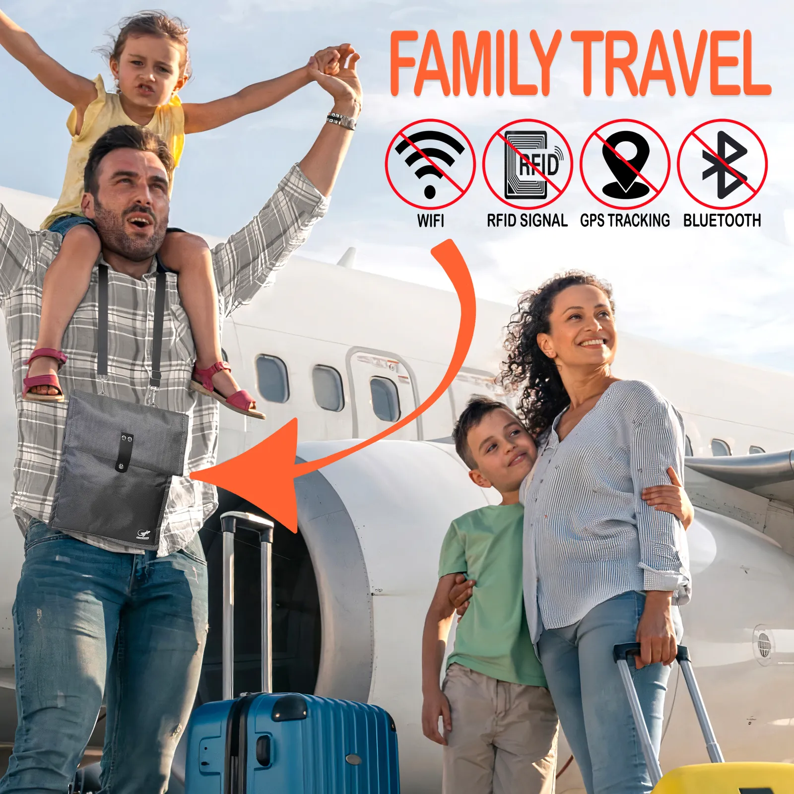 Gray RFID blocking Faraday crossbody bag for family travel, shielding phones from Wi-Fi, GPS, Bluetooth and cellular signals