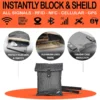 Gray Faraday crossbody bag with aluminum-lined Faraday cage shielding designed to block RFID, NFC, cellular and GPS signals