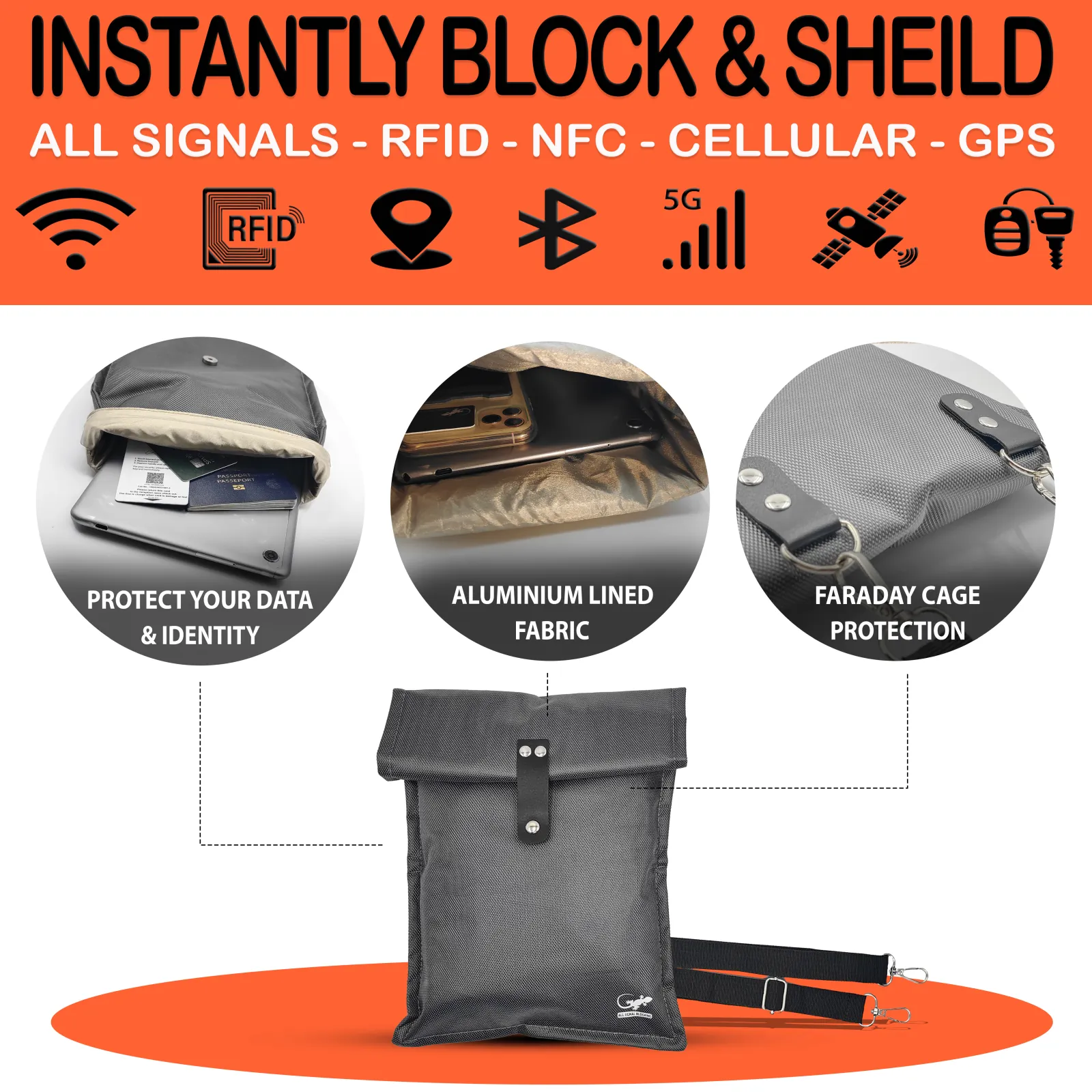 Gray Faraday crossbody bag with aluminum-lined Faraday cage shielding designed to block RFID, NFC, cellular and GPS signals