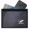 Gray Faraday phone bag with RFID blocking logo shown holding a smartphone and credit card inside the signal blocking pouch