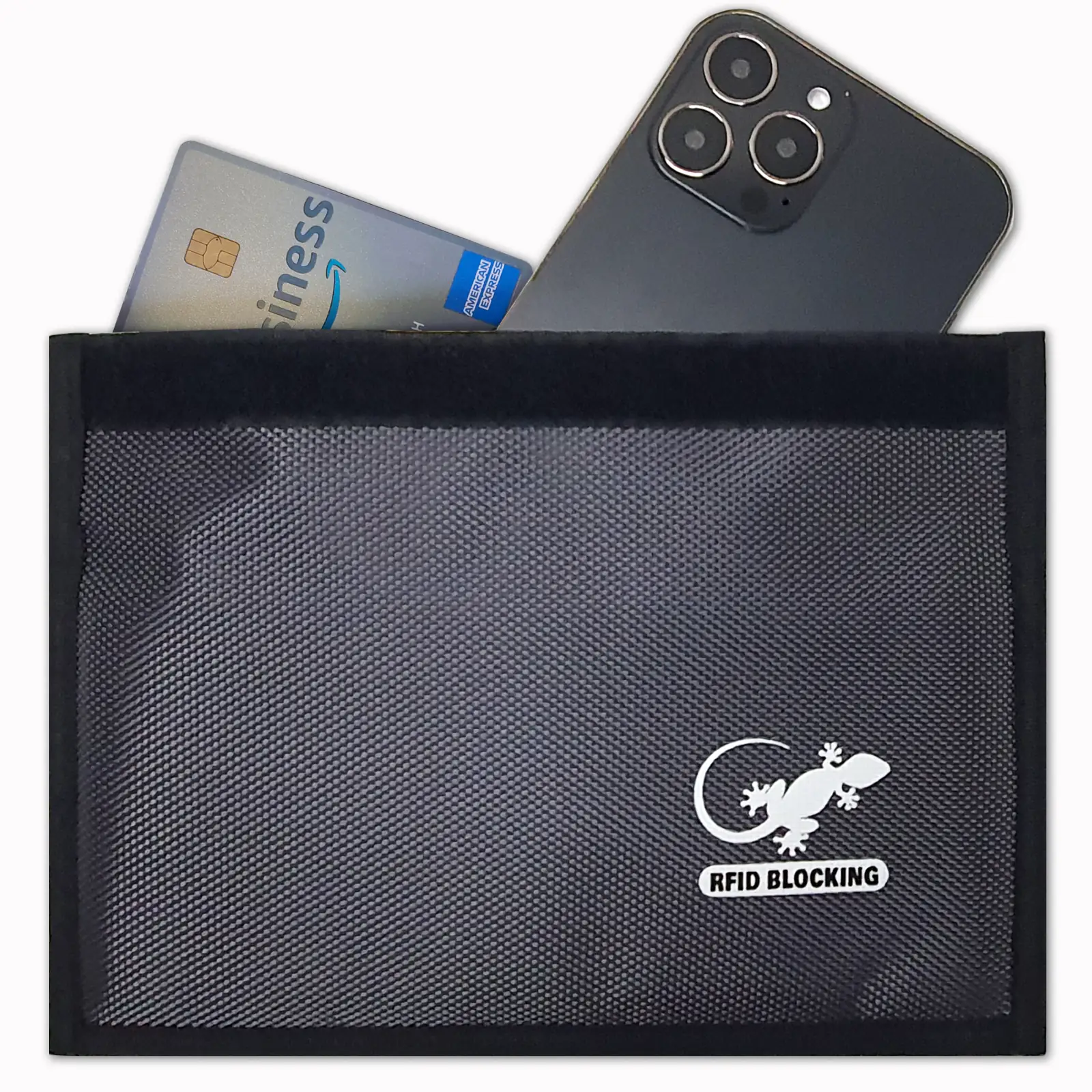 Gray Faraday phone bag with RFID blocking logo shown holding a smartphone and credit card inside the signal blocking pouch