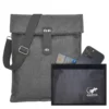 Gray Faraday crossbody bag with adjustable shoulder strap and matching signal blocking pouch shown with phone and cards