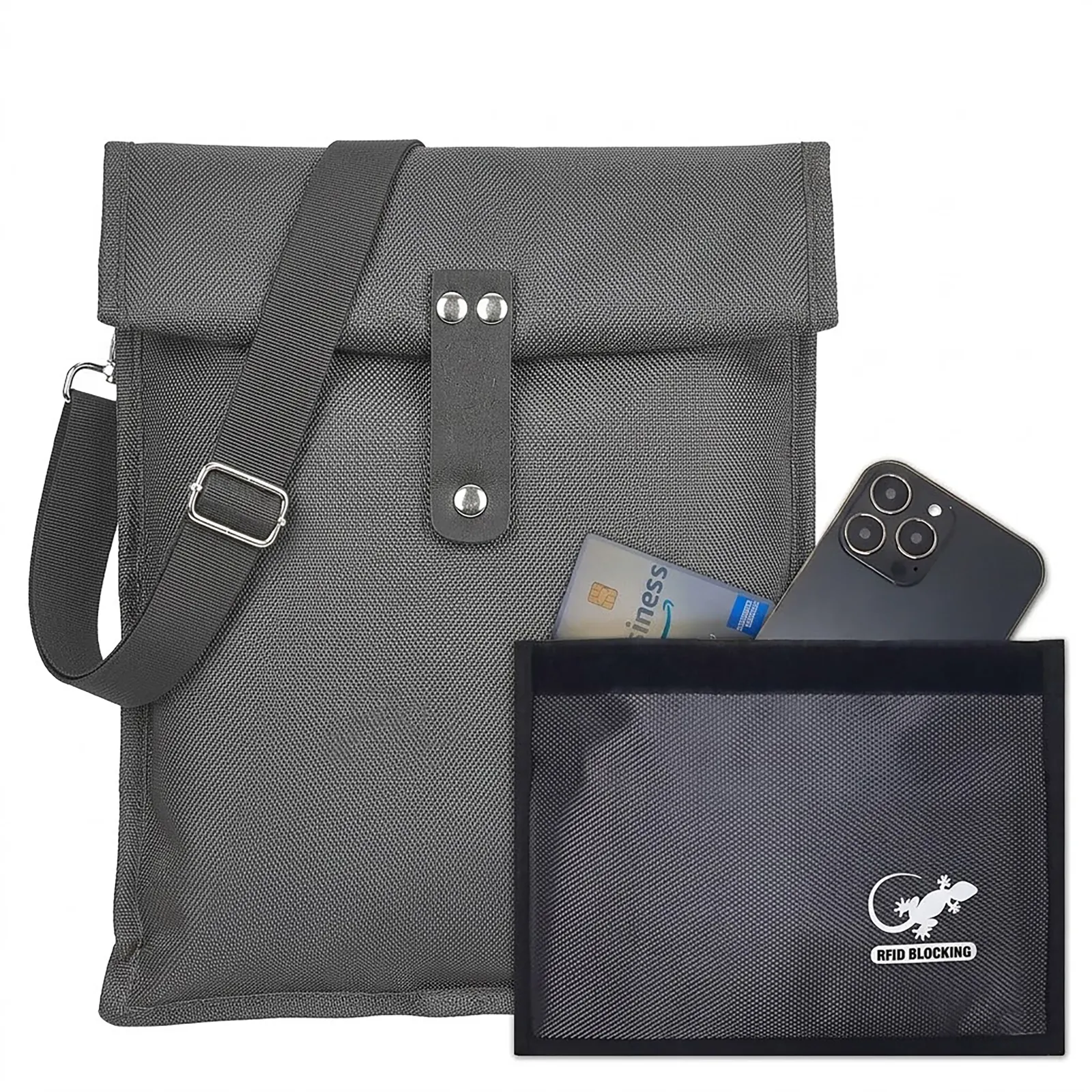 Gray Faraday crossbody bag with adjustable shoulder strap and matching signal blocking pouch shown with phone and cards