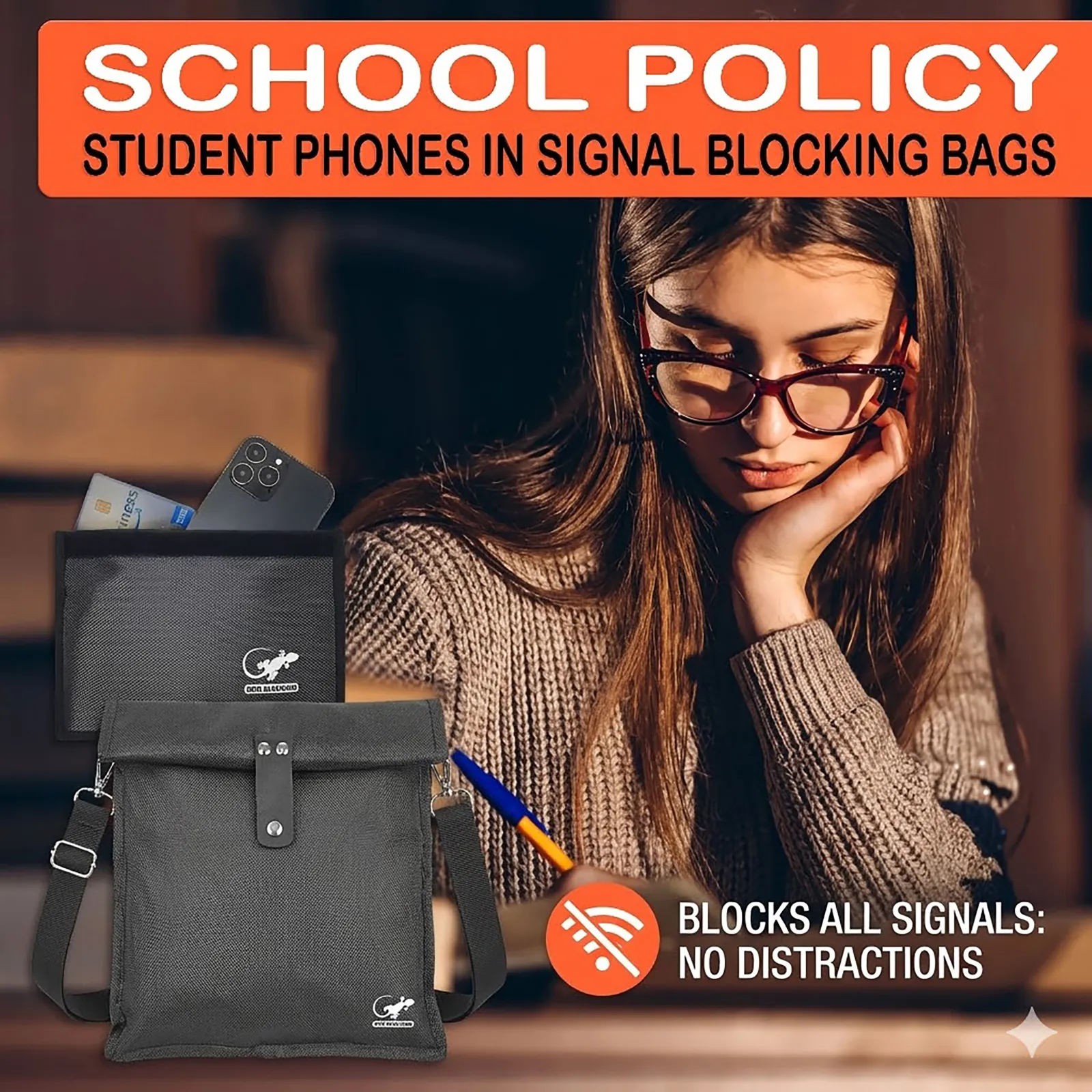 Gray Faraday bags for phones shown as signal blocking pouches for storing student cell phones in a school setting