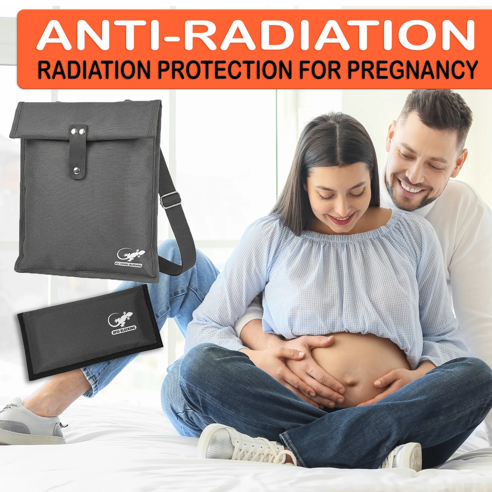 Gray Faraday bags shown beside an expectant couple as signal blocking storage for phones and wireless devices