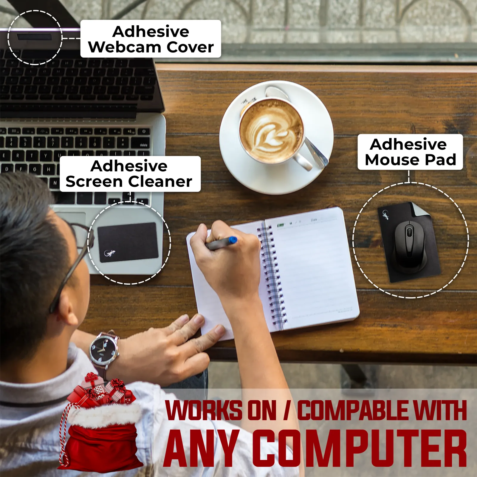 Black and white adhesive mouse pad set with webcam cover and screen cleaner shown working with a laptop computer