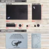 Dimensions of the black and white travel mouse pad 9x13.5 cm, adhesive screen cleaner 9x5.5cm and webcam covers 5x1.5 cm with front and back views