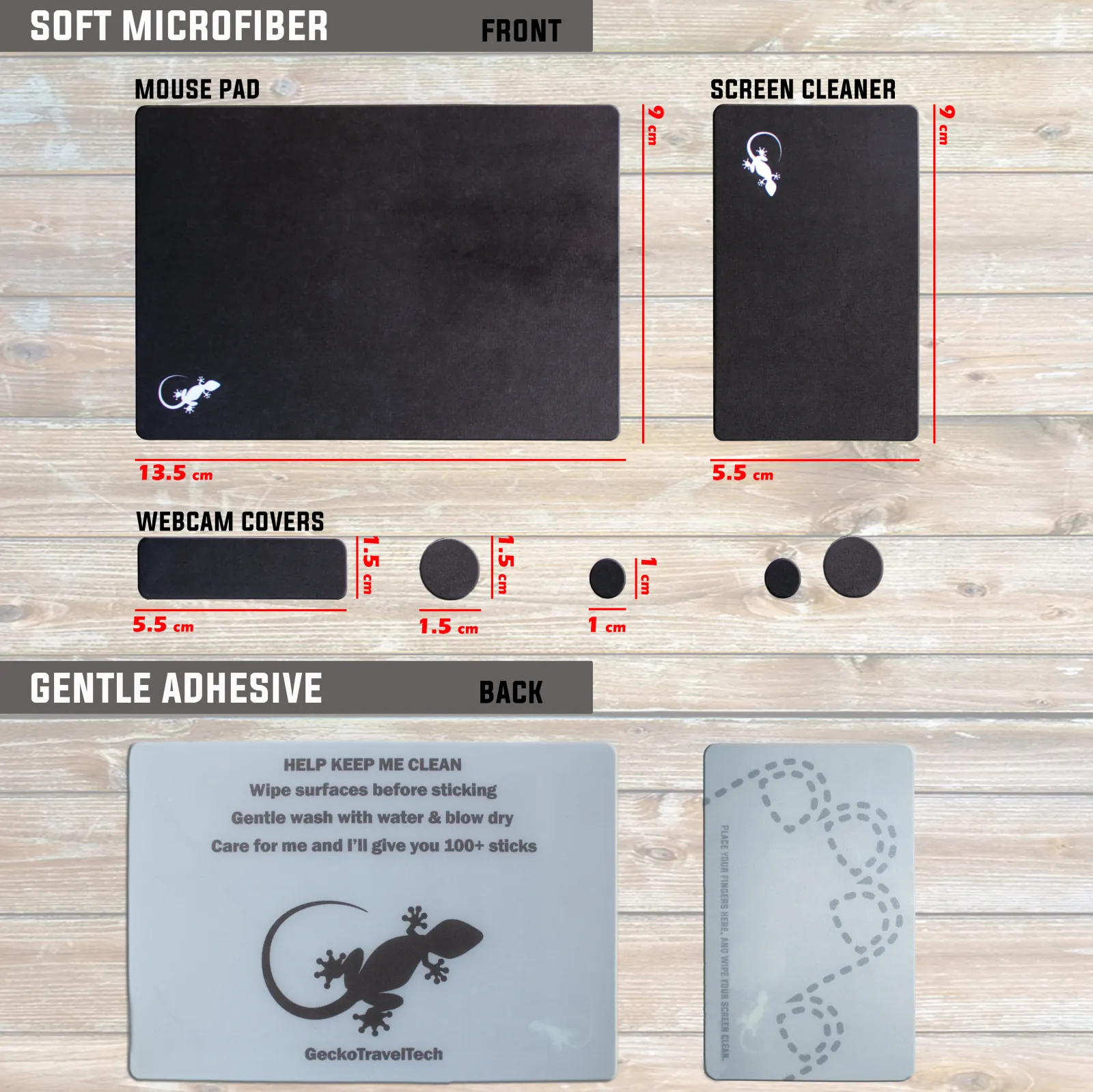 Dimensions of the black and white travel mouse pad 9x13.5 cm, adhesive screen cleaner 9x5.5cm and webcam covers 5x1.5 cm with front and back views