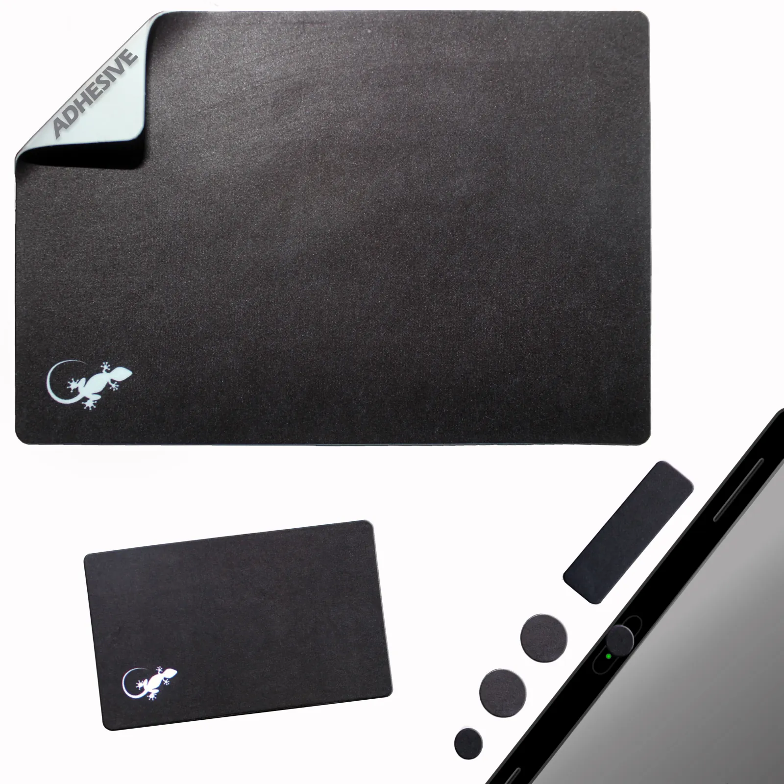 Black and white adhesive mouse pad set with full-size mouse pad, mini mouse pad, webcam covers and screen cleaner