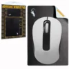 Black and white adhesive mouse pad for laptop shown with retail package and wireless computer mouse