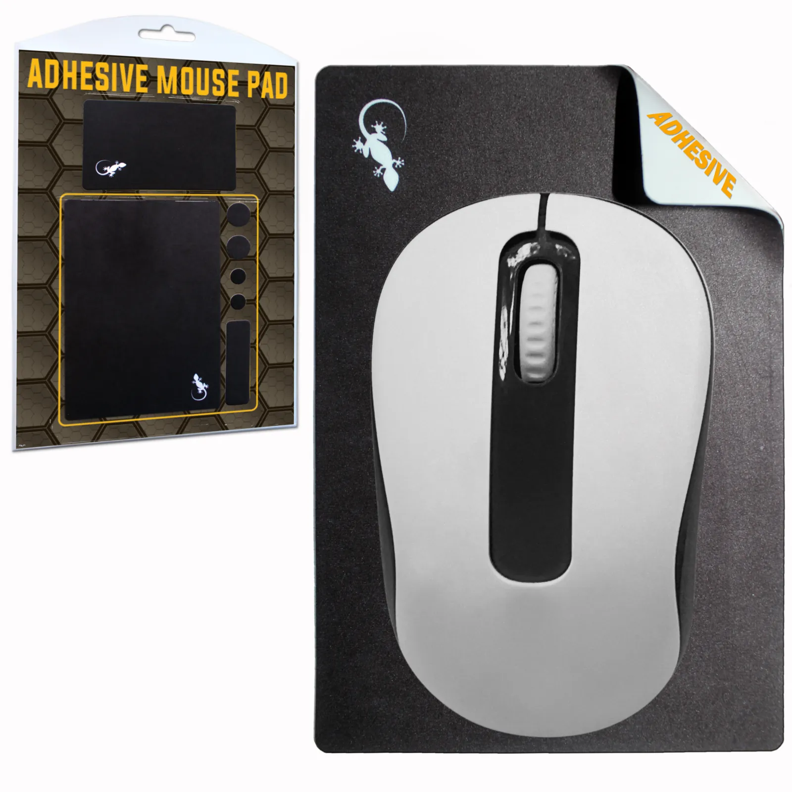 Black and white adhesive mouse pad for laptop shown with retail package and wireless computer mouse