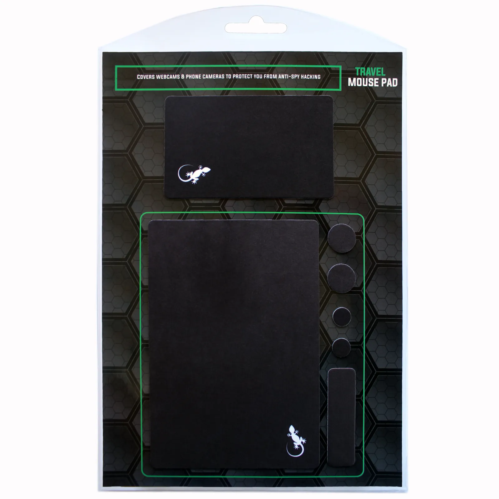 Black and white portable mouse pad displayed in its Gecko Travel Tech retail package with included adhesive accessories