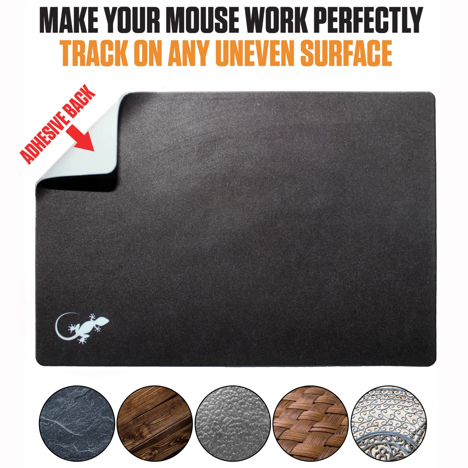 Black and white sticky mouse pad designed to help a computer mouse track smoothly across different uneven surfaces