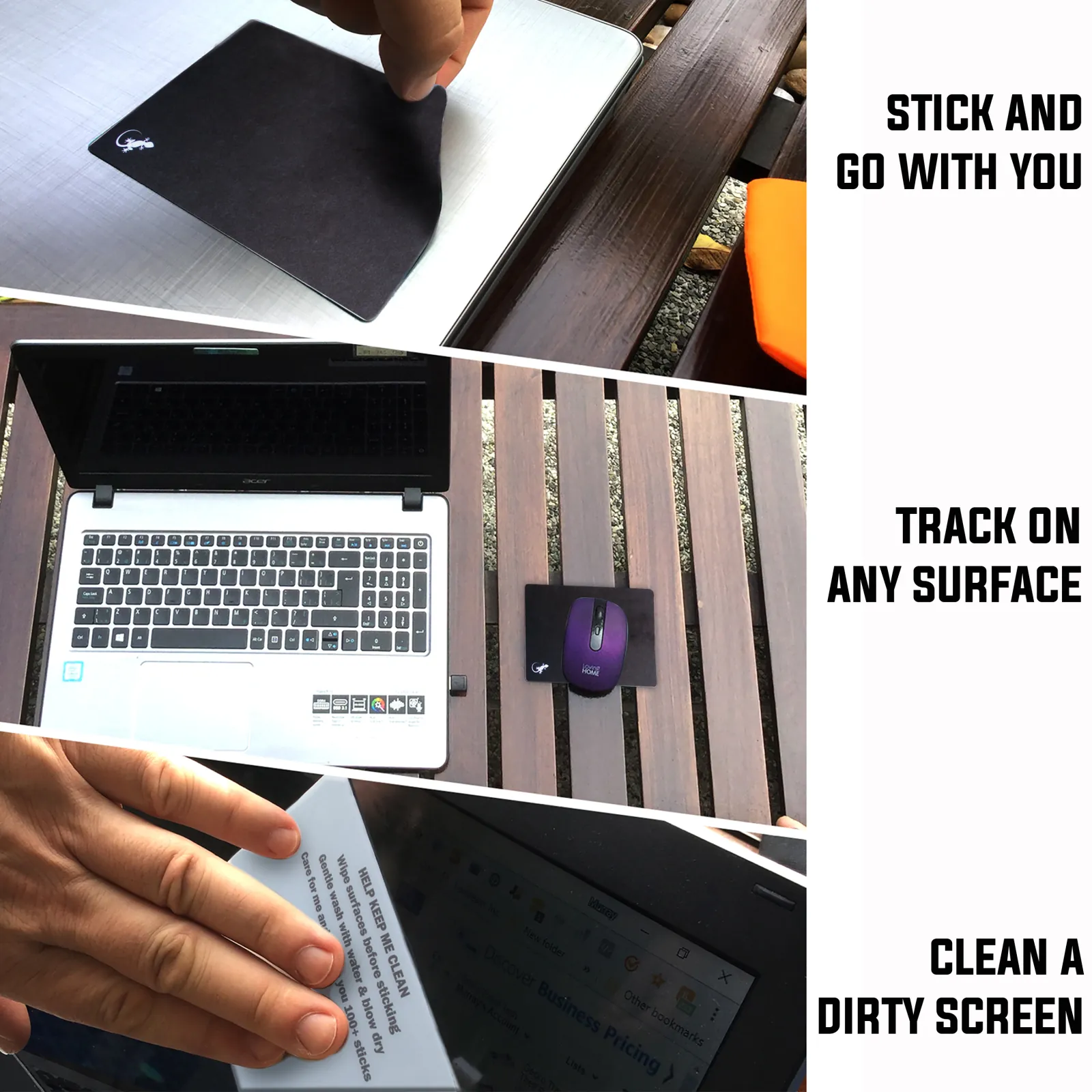 Portable stick-on mouse pad for laptop shown traveling between work surfaces with reusable screen cleaning feature