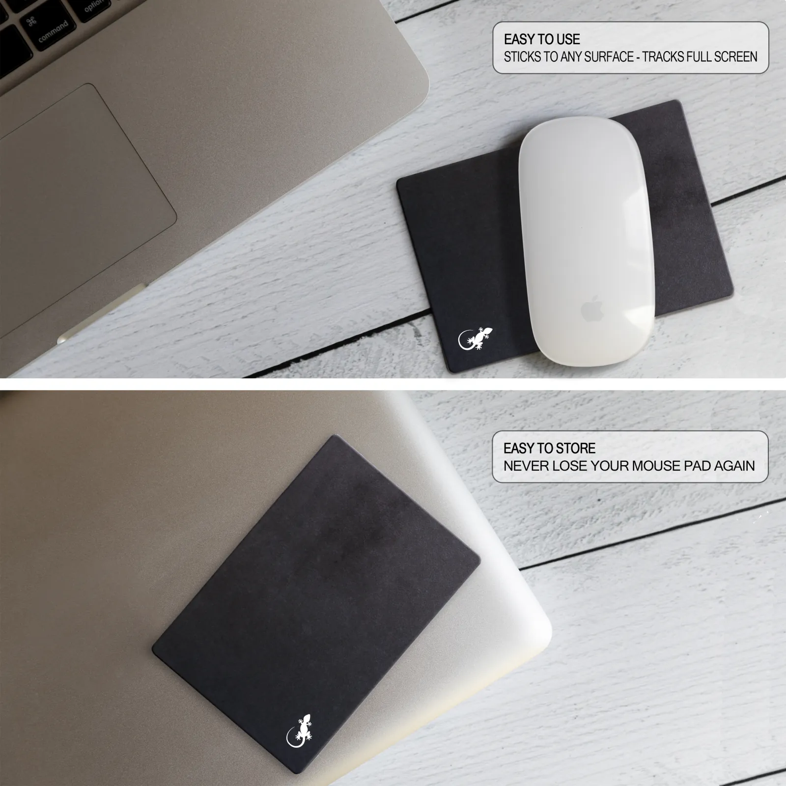 Black and white mini mouse pad adhered beside a laptop, then stored on the wireless mouse for portable travel use