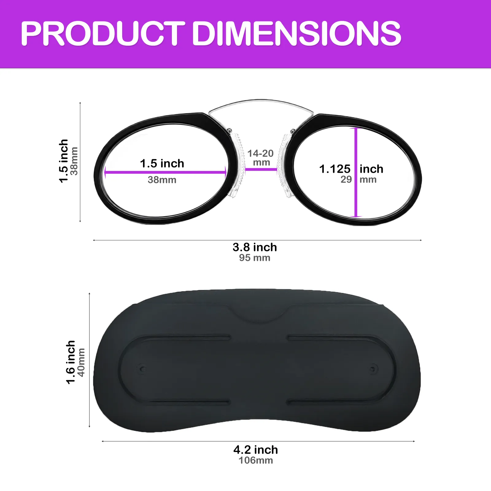Mini armless reading glasses measure 9.6 x 4.6 cm, with 3.8 cm lenses, shown with compact 10.6 x 4.6 cm adhesive case