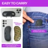 Adhesive reading glasses and compact stick-on case attach to the back of a phone for convenient everyday carry