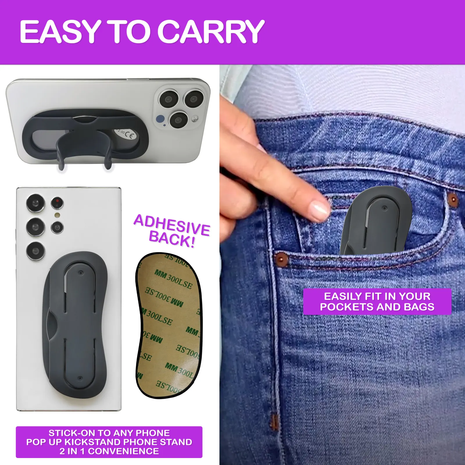 Adhesive reading glasses and compact stick-on case attach to the back of a phone for convenient everyday carry