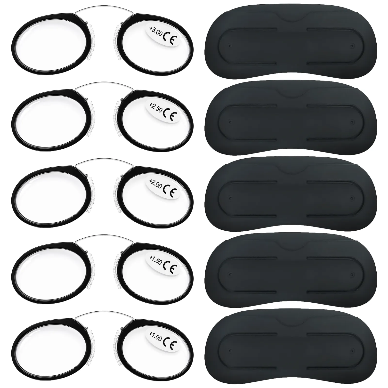 Five-pack of mini foldable armless reading glasses with five compact black adhesive protective cases